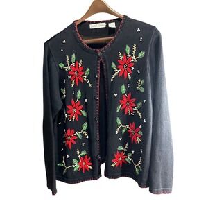 Victoria Jones Black Poinsettia Embroidered Button Front Cardigan Sweater Womens